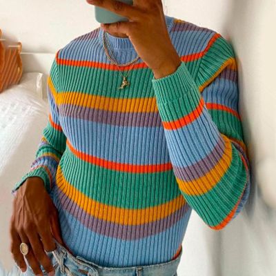 Trendy Slim Rainbow Stripe Casual Sweater