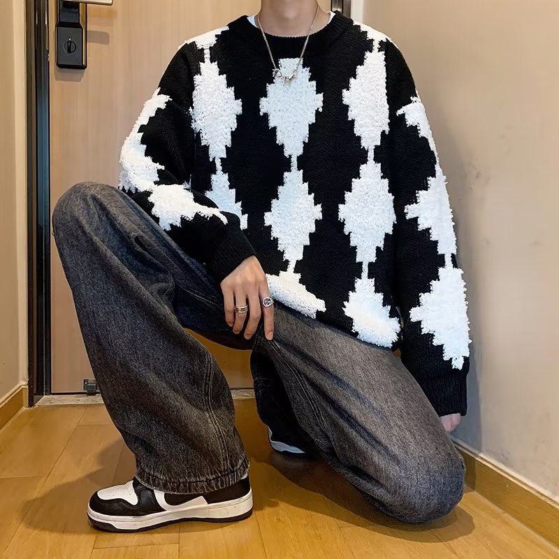 Japanese Casual Diamond Knitted Sweater