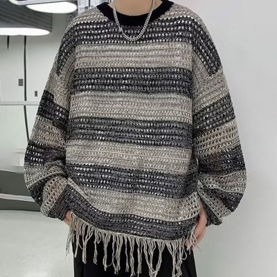 Cutout Fringe Contrast Stripe Knit Sweater