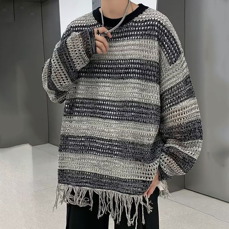 Cutout Fringe Contrast Stripe Knit Sweater