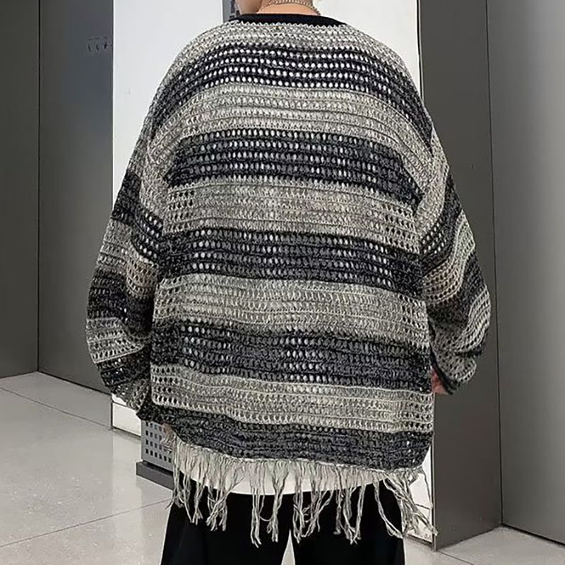 Cutout Fringe Contrast Stripe Knit Sweater