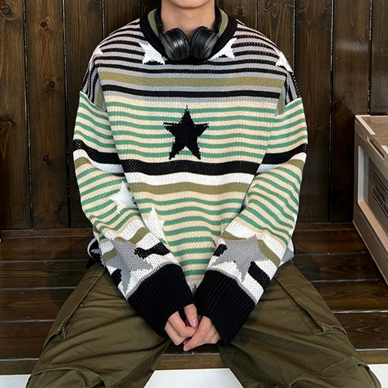 Contrast Stripe Stars Sweater