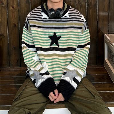Contrast Stripe Stars Sweater