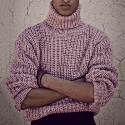 Pink Solid Color Thick Knit Turtleneck Pullover Sweater
