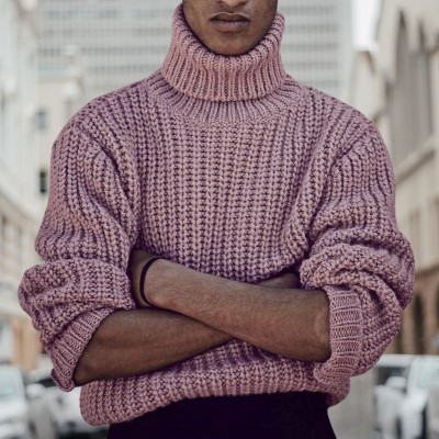 Pink Solid Color Thick Knit Turtleneck Pullover Sweater