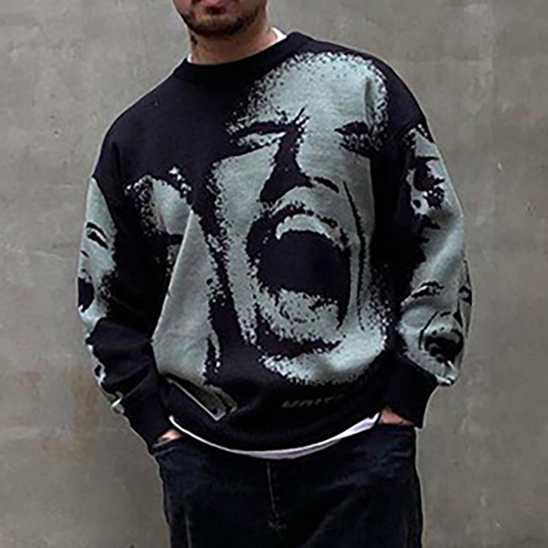 Human Head Pullover Crew Neck Sweater