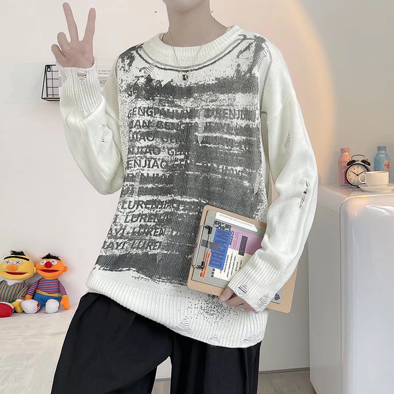 Vintage Alphabet Graffiti Hole Loose Sweater