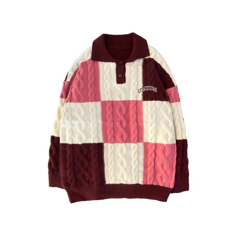 Twist Stripe Color Block Polo Neck Sweater