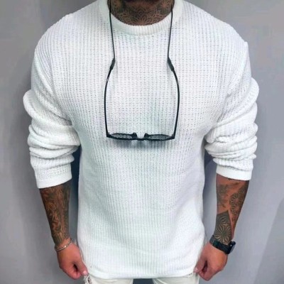 Solid Color Waffle Crew Neck Pullover Sweater