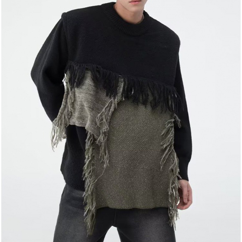 Fringed Patchwork Pullover Sweater