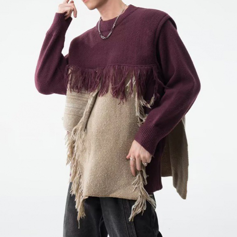 Fringed Patchwork Pullover Sweater