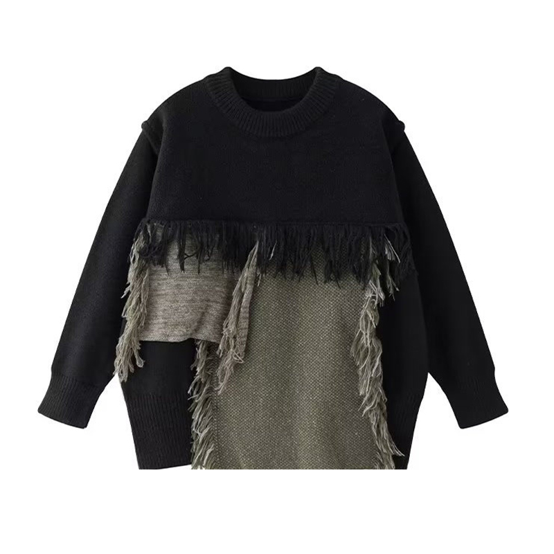 Fringed Patchwork Pullover Sweater