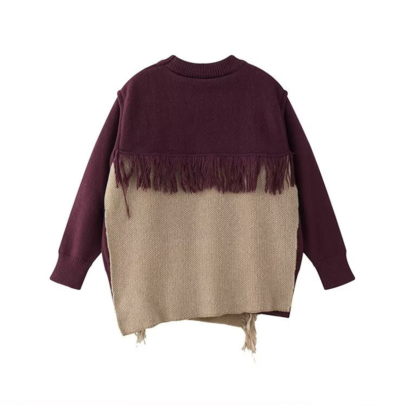 Fringed Patchwork Pullover Sweater