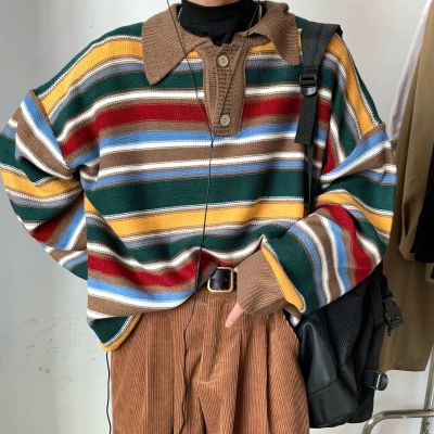 Retro Colorful Striped Polo Sweater