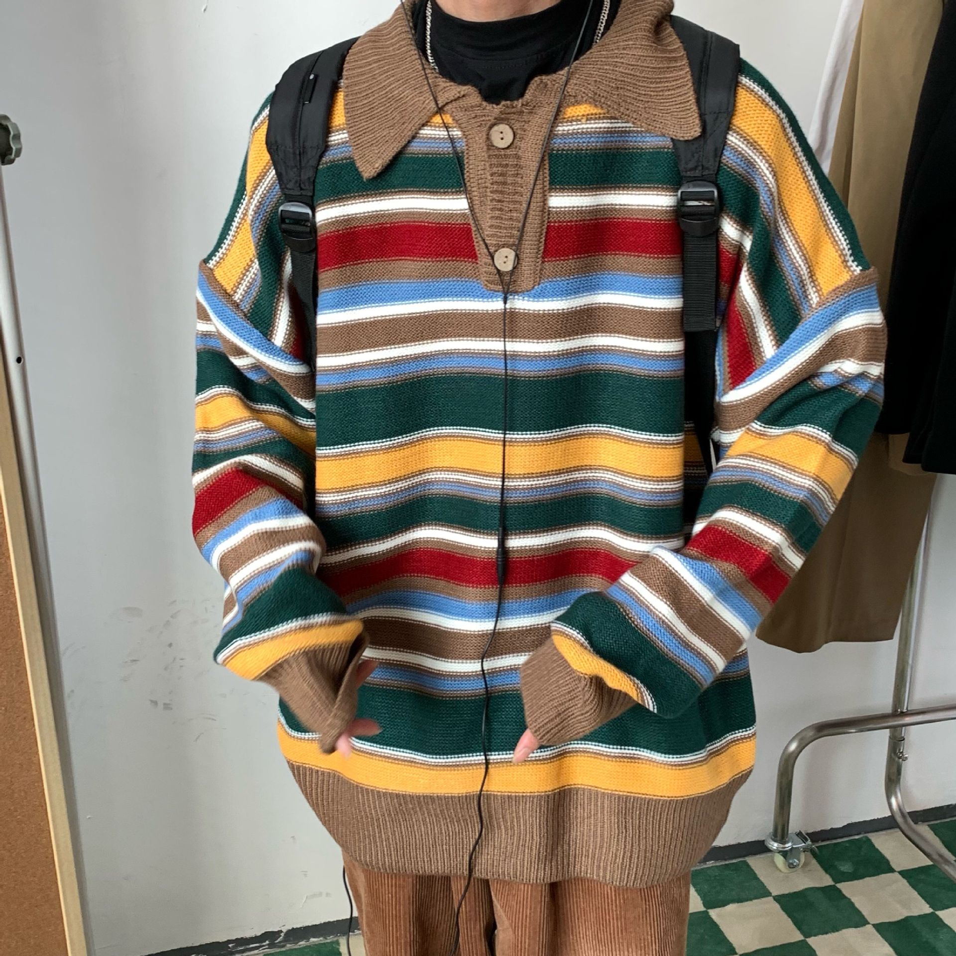 Retro Colorful Striped Polo Sweater