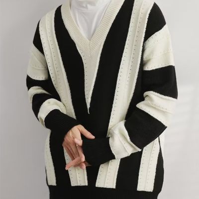Striped V Neck Colorblock Sweater
