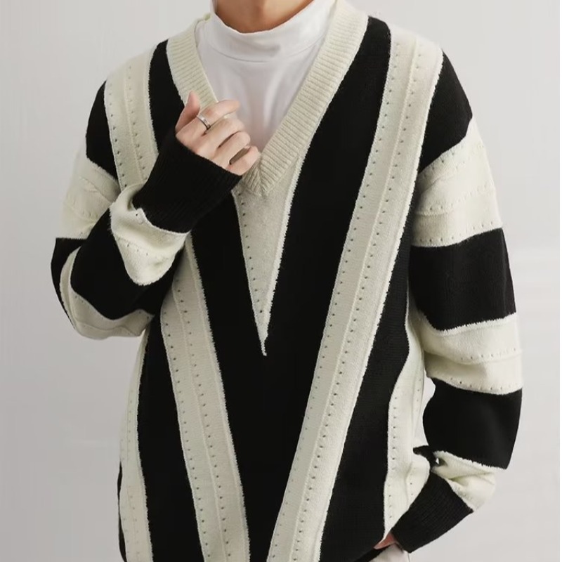 Striped V Neck Colorblock Sweater