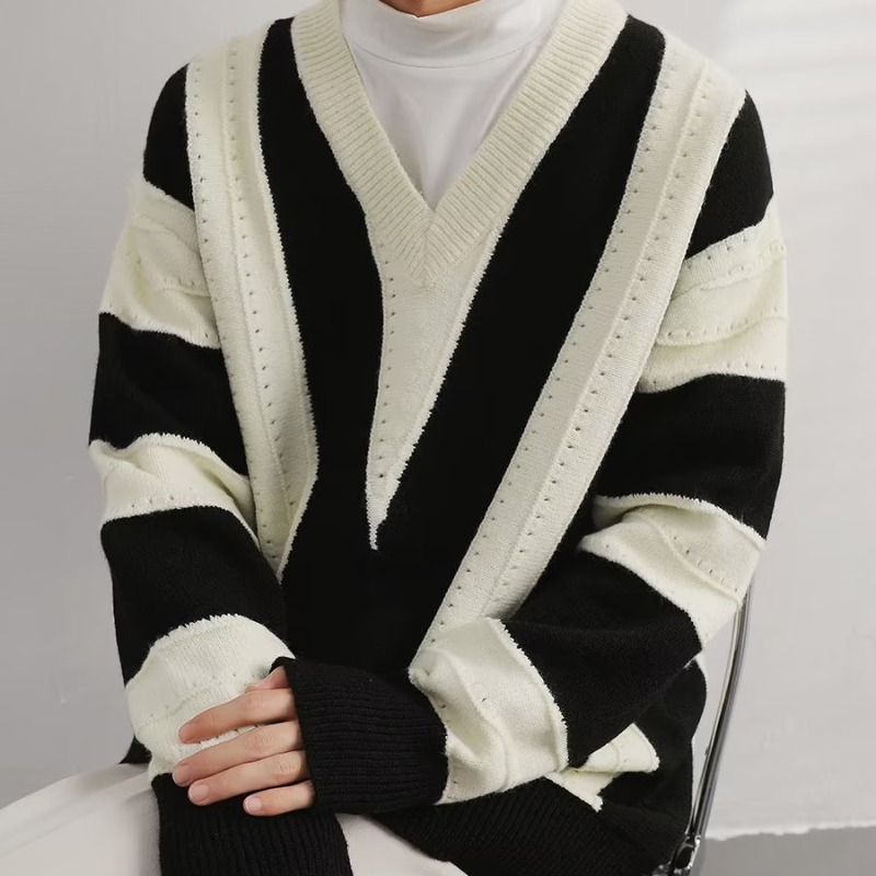 Striped V Neck Colorblock Sweater