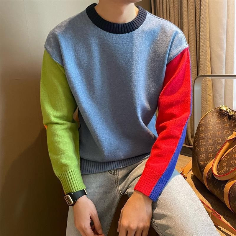 Bright Patchwork Heavy Duty Crew Neck Sweater