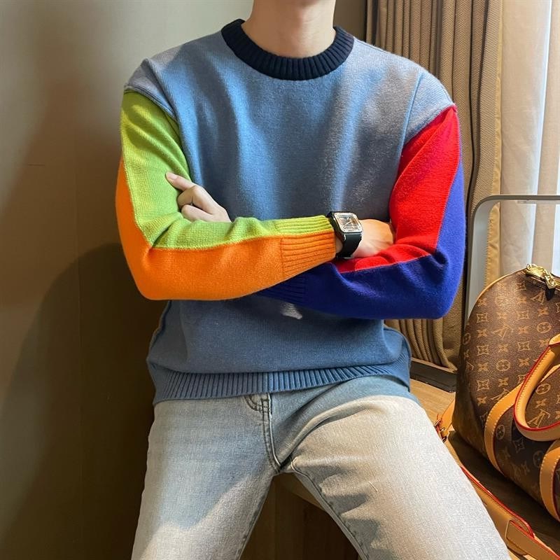 Bright Patchwork Heavy Duty Crew Neck Sweater