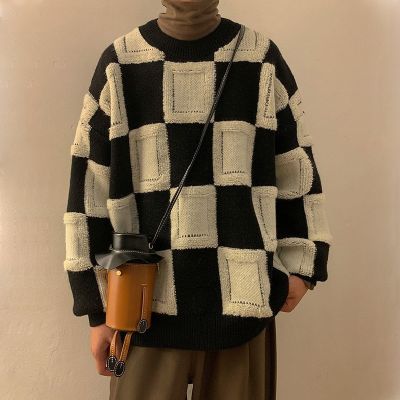 Loose Checkerboard Knit Sweater