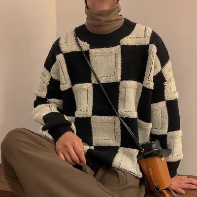 Loose Checkerboard Knit Sweater