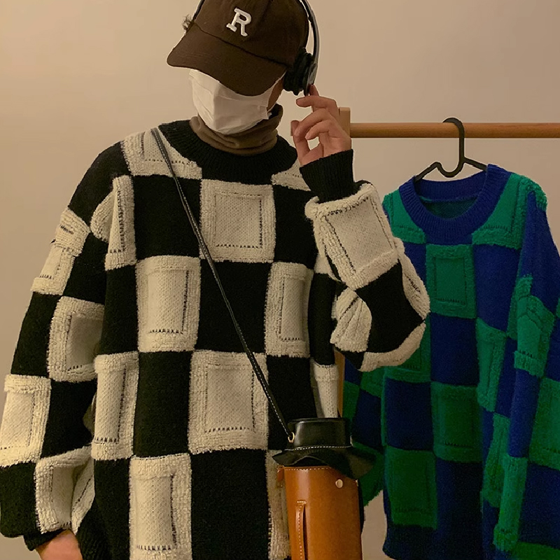 Loose Checkerboard Knit Sweater