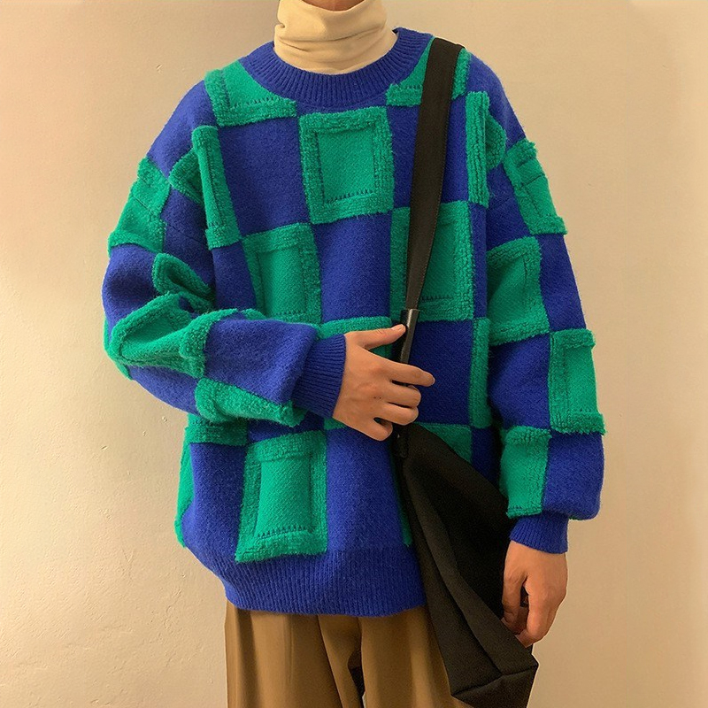 Loose Checkerboard Knit Sweater