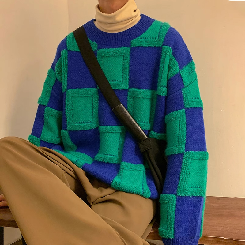 Loose Checkerboard Knit Sweater