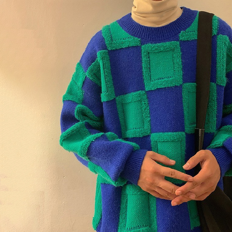 Loose Checkerboard Knit Sweater