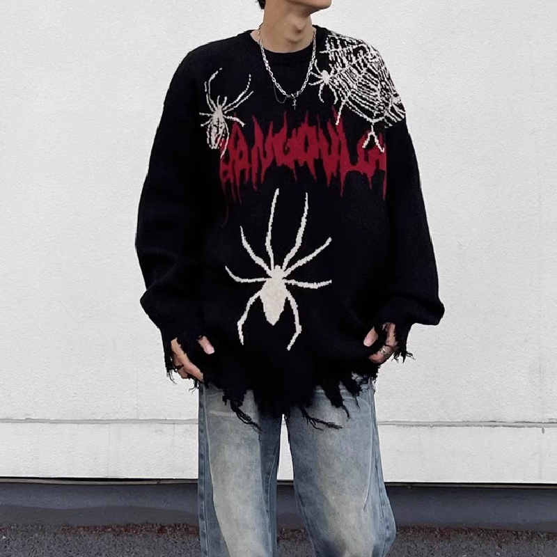 Hip Hop Spider Destruction Design Knitted Sweater