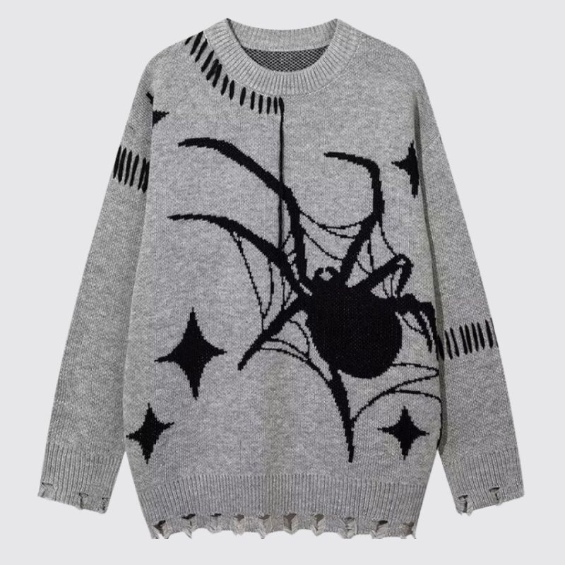 Distressed Sweater With Spider Pattern Design