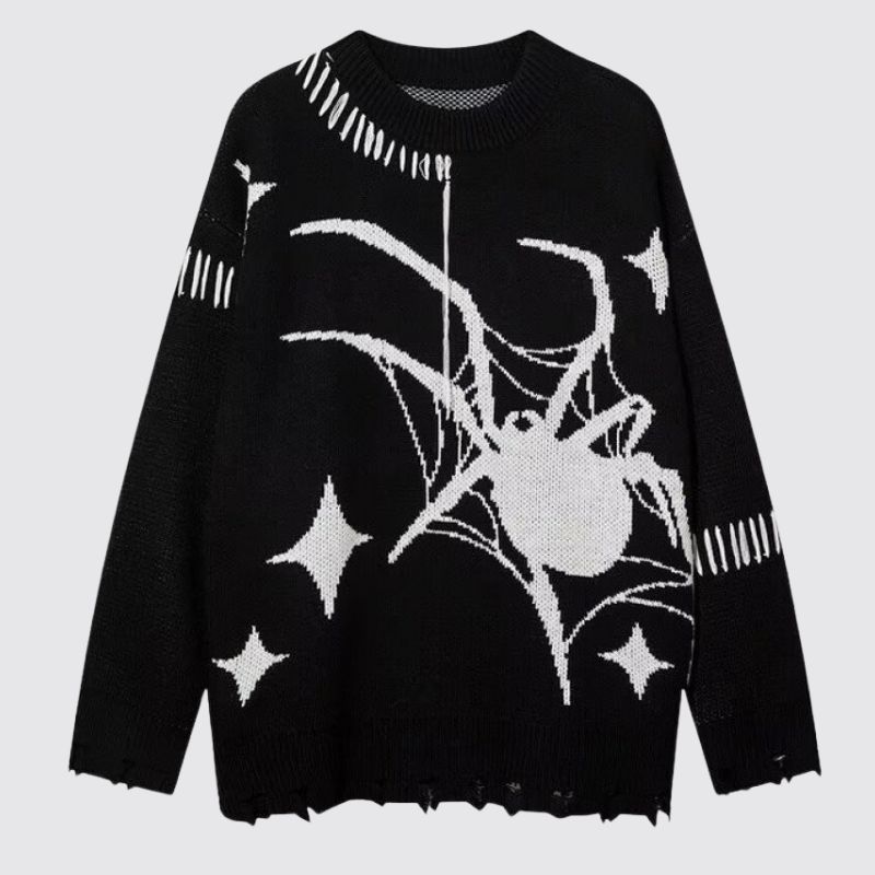 Distressed Sweater With Spider Pattern Design