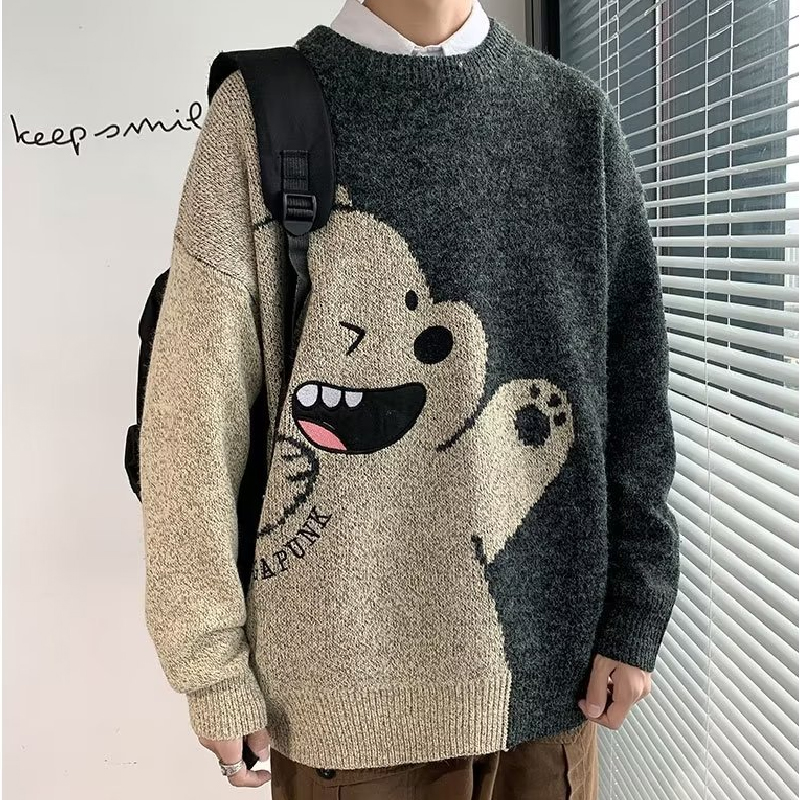 Cartoon Bear Casual Round Neck Loose Sweater