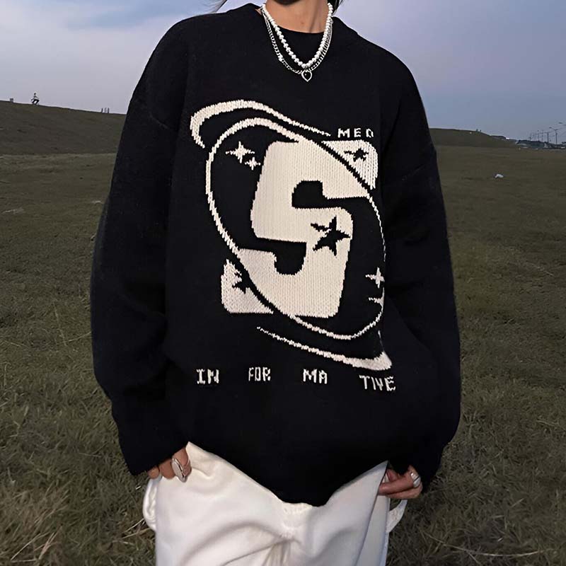 Retro Letter Crew Neck Pullover Sweater