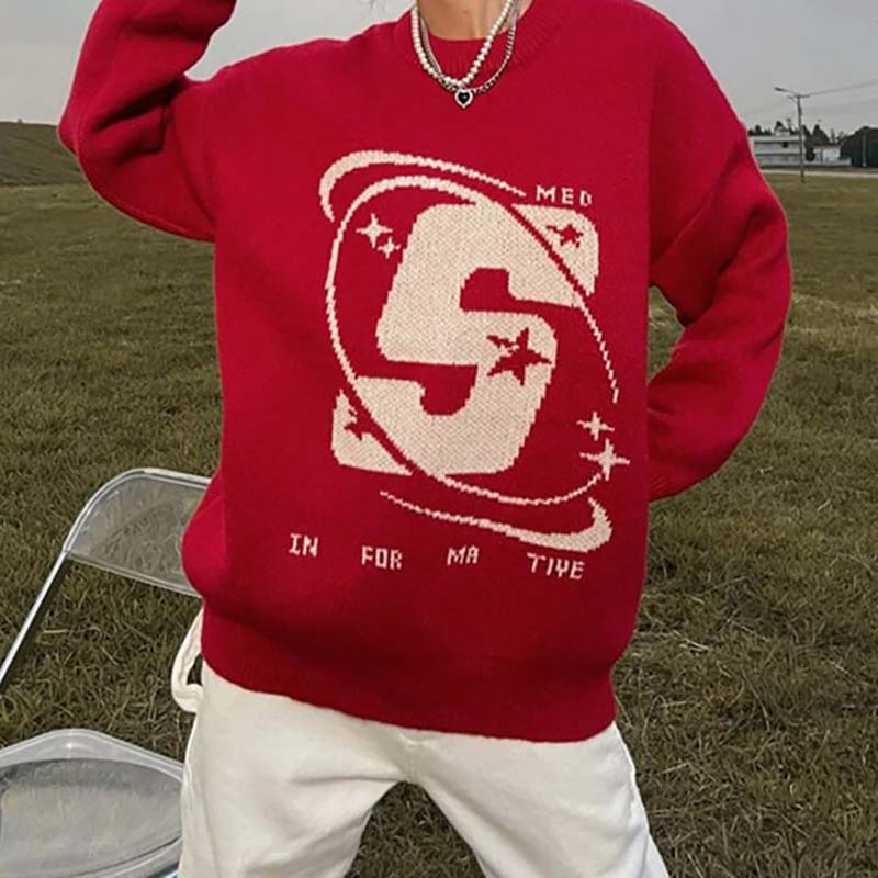 Retro Letter Crew Neck Pullover Sweater