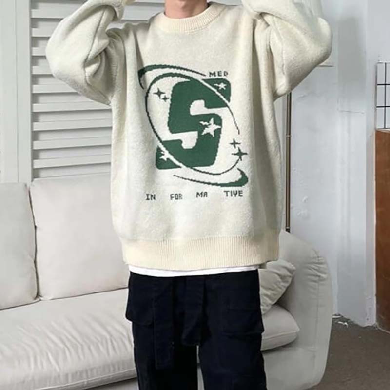 Retro Letter Crew Neck Pullover Sweater