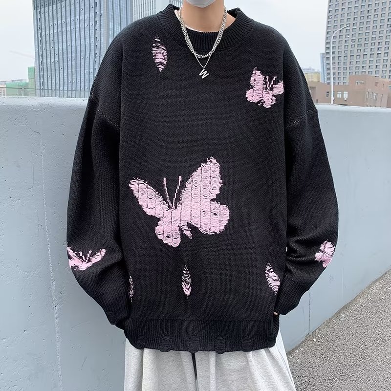 Dark Design Holed Butterfly Jacquard Knitted Sweater