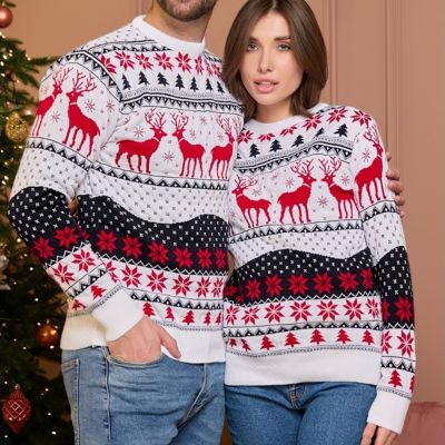 Christmas Couple Elk Jacquard Long Sleeve Sweater