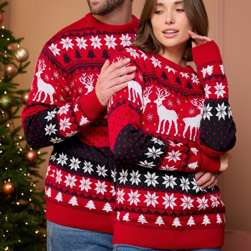 Christmas Couple Elk Jacquard Long Sleeve Sweater