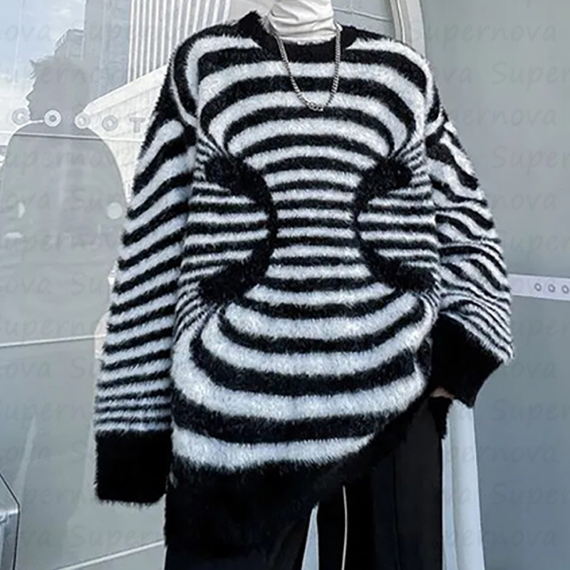 Striped Swirl Print Pullover Knitted Sweater