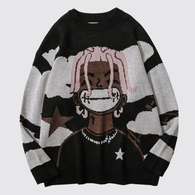 Dreadlock Doll Print Pullover Crew Neck Sweater