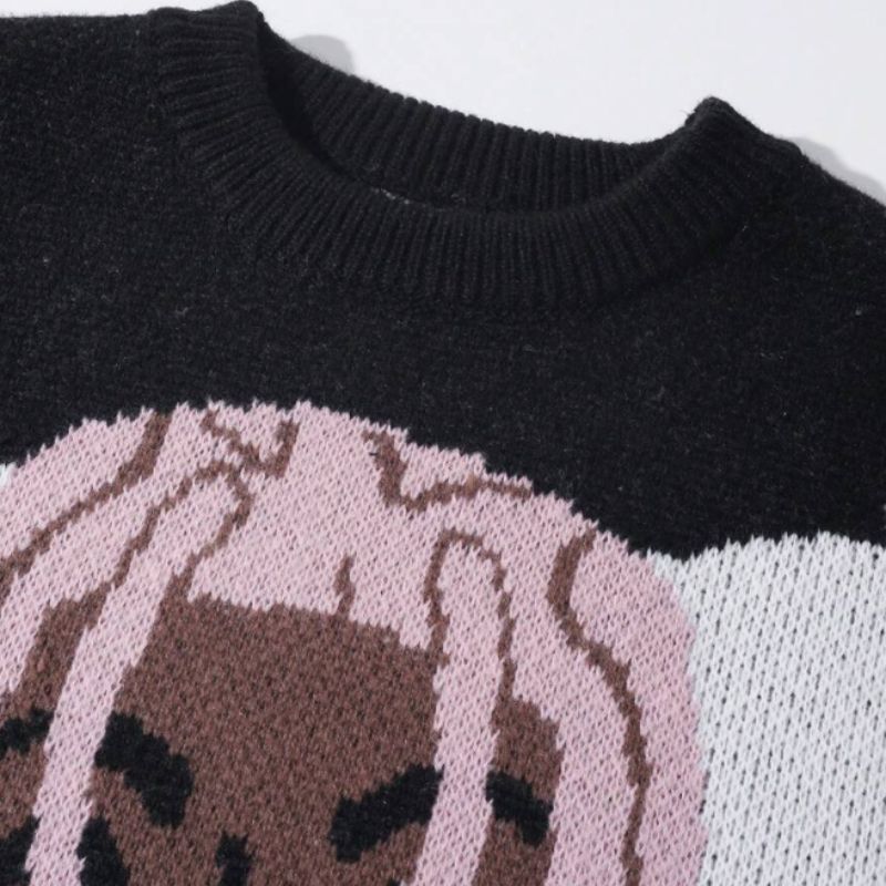 Dreadlock Doll Print Pullover Crew Neck Sweater