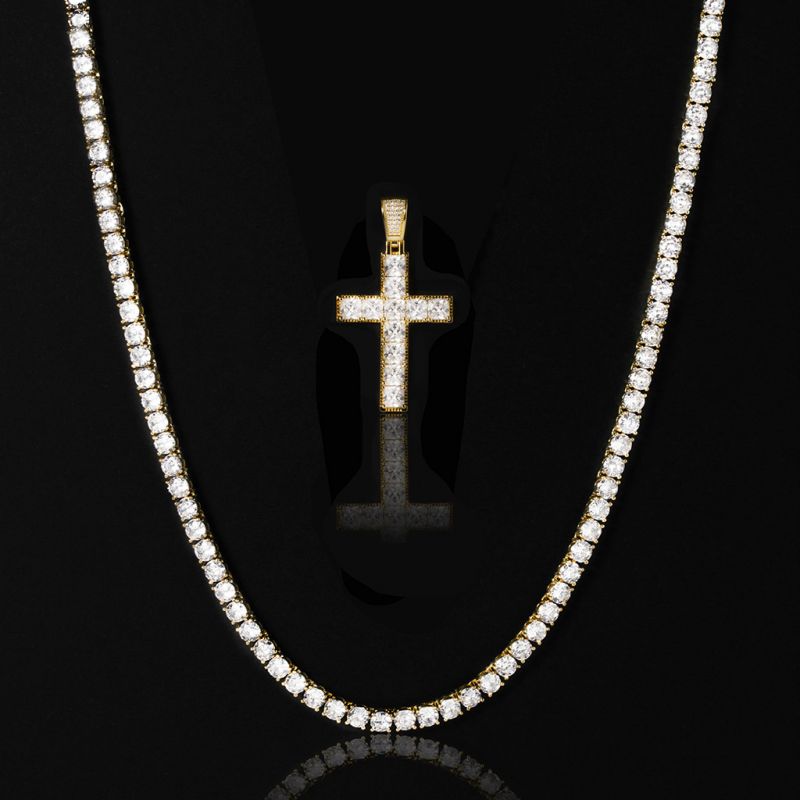 3mm Tennis Chain + Princess Cut Cross Pendant Set in Gold