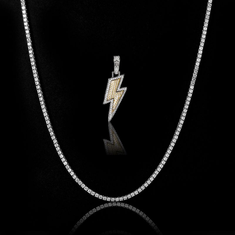 3mm Tennis Chain + Lightning Bolt Pendant Set in White Gold