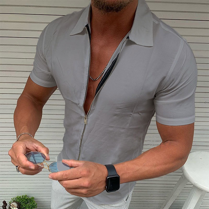 Men's Solid Color Zip Short Sleeve Shirt