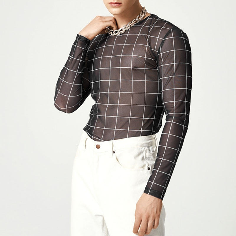 Men's Sheer Grid Print Sexy Skinny T-Shirt