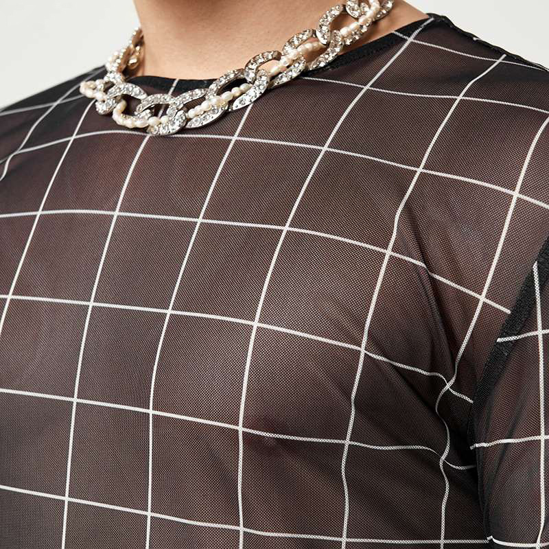 Men's Sheer Grid Print Sexy Skinny T-Shirt