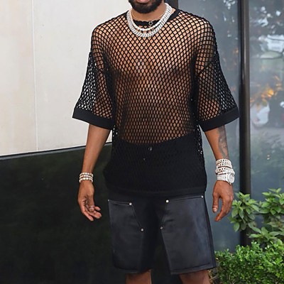 Solid Color Half-sleeved Round Neck Fishnet See-through Loose T-shirt