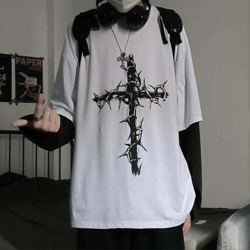 Retro High Street Hip Hop Thorn Cross Print Fake Two Piece Stitching Long Sleeve T-Shirt